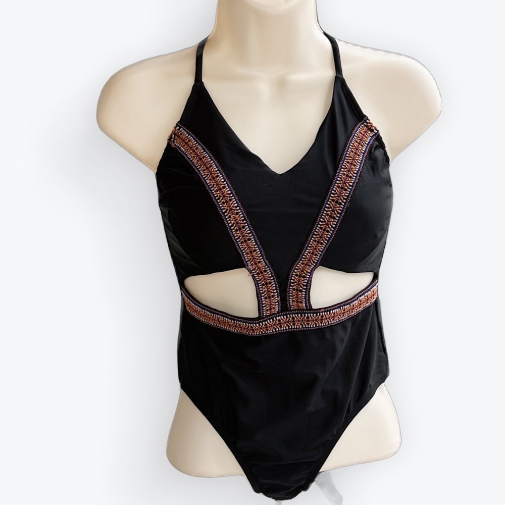 Tribal Multicolor Embroidered High-Cut Legs Peekaboo Laceback 1-Piece Swimsuit~S
